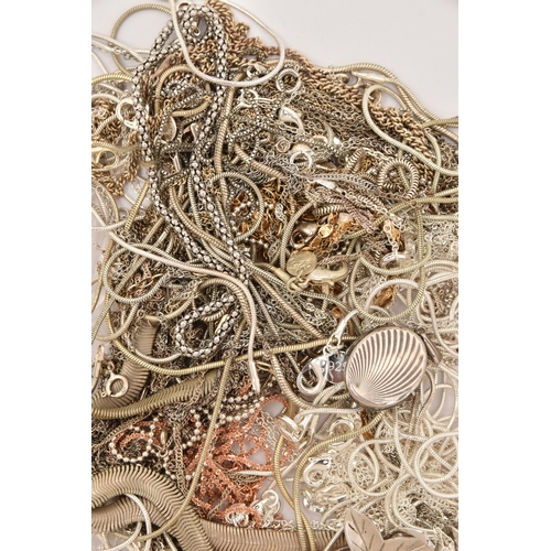 508 - A BAG OF ASSORTED CHAINS, various styles, most pieces stamped 925 or marks to indicate silver, also ... 