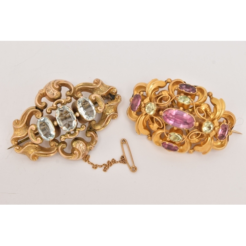 512 - TWO LATE 19TH CENTURY YELLOW METAL GEM SET BROOCHES, the first set with three light blue stones asse... 
