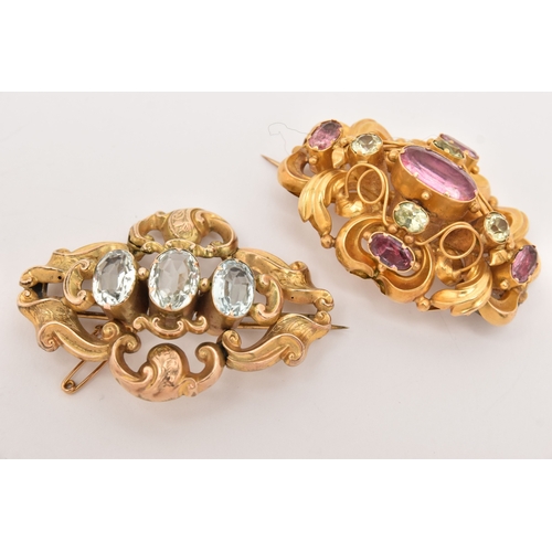 512 - TWO LATE 19TH CENTURY YELLOW METAL GEM SET BROOCHES, the first set with three light blue stones asse... 