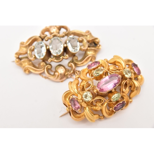 512 - TWO LATE 19TH CENTURY YELLOW METAL GEM SET BROOCHES, the first set with three light blue stones asse... 