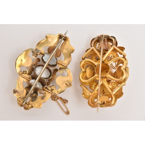 512 - TWO LATE 19TH CENTURY YELLOW METAL GEM SET BROOCHES, the first set with three light blue stones asse... 