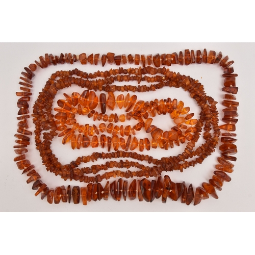 513 - THREE COPAL AMBER NECKLACES, lengths 316mm, 1610mm and 700mm, approximate gross weight 224.5 grams