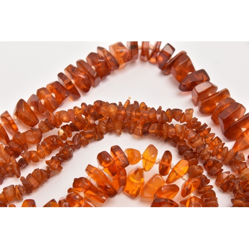 513 - THREE COPAL AMBER NECKLACES, lengths 316mm, 1610mm and 700mm, approximate gross weight 224.5 grams