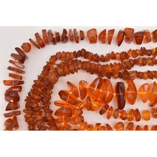 513 - THREE COPAL AMBER NECKLACES, lengths 316mm, 1610mm and 700mm, approximate gross weight 224.5 grams
