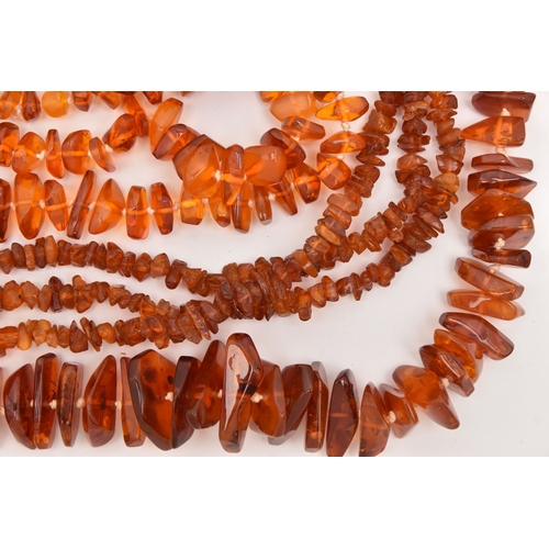 513 - THREE COPAL AMBER NECKLACES, lengths 316mm, 1610mm and 700mm, approximate gross weight 224.5 grams