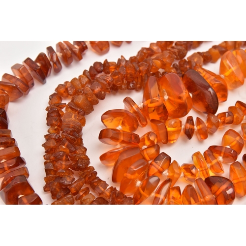 513 - THREE COPAL AMBER NECKLACES, lengths 316mm, 1610mm and 700mm, approximate gross weight 224.5 grams