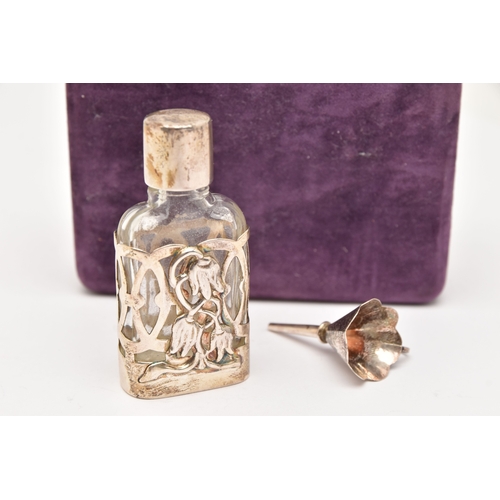 516 - A SILVER AND GLASS SCENT BOTTLE WITH FUNNEL 'FOR LIBERTY', small glass bottle with silver floral des... 