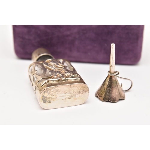 516 - A SILVER AND GLASS SCENT BOTTLE WITH FUNNEL 'FOR LIBERTY', small glass bottle with silver floral des... 