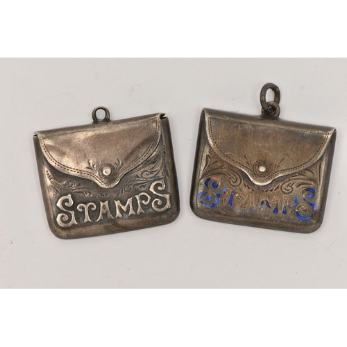 517 - TWO SILVER NOVELTY STAMP HOLDERS, both in the form of an envelope, one with very worn blue enamel de... 