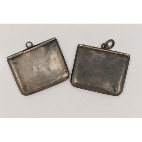 517 - TWO SILVER NOVELTY STAMP HOLDERS, both in the form of an envelope, one with very worn blue enamel de... 