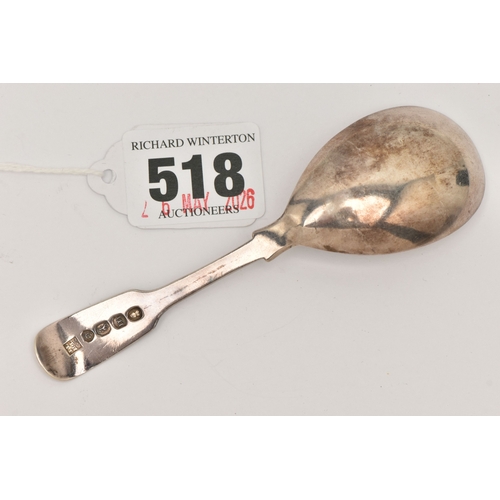 518 - A GEORGIAN SILVER CADDY SPOON, fiddle pattern with engraved initial to the terminal of the handle, h... 