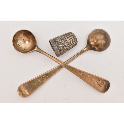 519 - TWO SILVER SPOONS AND A THIMBLE, two Georgian silver Old English pattern sauce spoons, both initial ... 