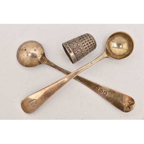 519 - TWO SILVER SPOONS AND A THIMBLE, two Georgian silver Old English pattern sauce spoons, both initial ... 