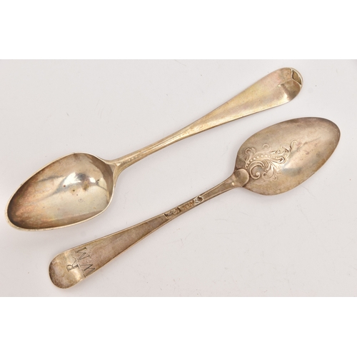 520 - TWO SILVER HANOVERIAN TEASPOONS, engraved initials to the reverse of each spoon, part hallmarks poss... 
