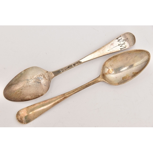 520 - TWO SILVER HANOVERIAN TEASPOONS, engraved initials to the reverse of each spoon, part hallmarks poss... 