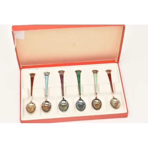 523 - A BOX OF ENAMEL TEAPSOONS, various designs, stamps for 'Sterling Denmark', 925S, approximate gross w... 