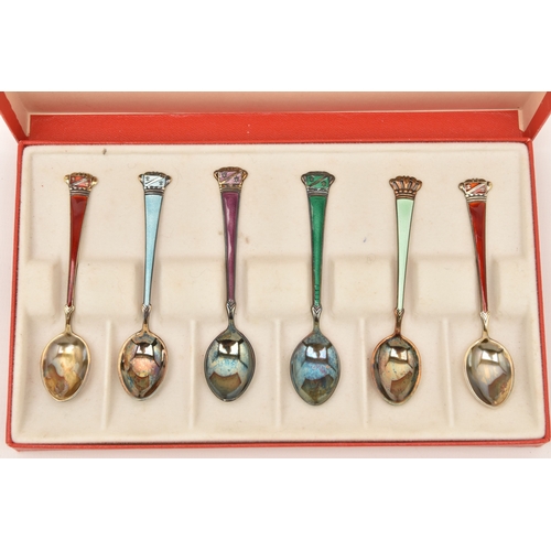 523 - A BOX OF ENAMEL TEAPSOONS, various designs, stamps for 'Sterling Denmark', 925S, approximate gross w... 