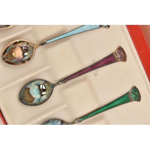 523 - A BOX OF ENAMEL TEAPSOONS, various designs, stamps for 'Sterling Denmark', 925S, approximate gross w... 