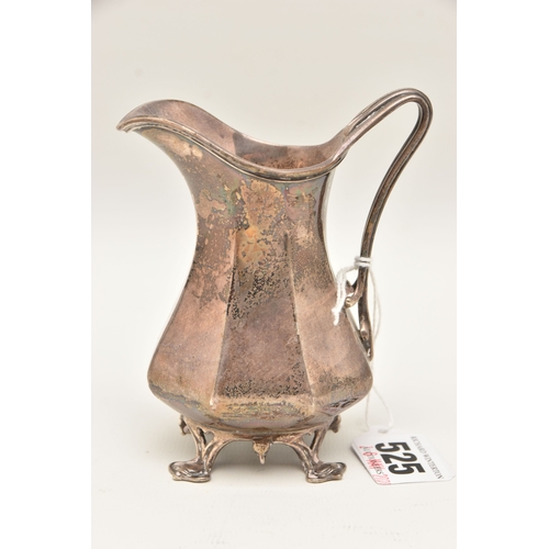 525 - AN EARLY 20TH CENTURY SILVER MILK JUG, faceted form with scroll handle, raised on four feet, hallmar... 
