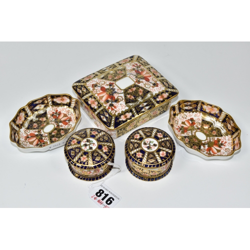 816 - A GROUP OF ROYAL CROWN DERBY IMARI TRINKET BOXES AND DISHES, comprising an Imari 2451 rectangular tr... 