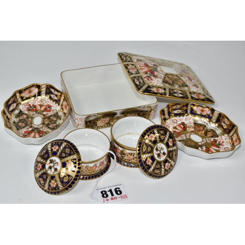 816 - A GROUP OF ROYAL CROWN DERBY IMARI TRINKET BOXES AND DISHES, comprising an Imari 2451 rectangular tr... 