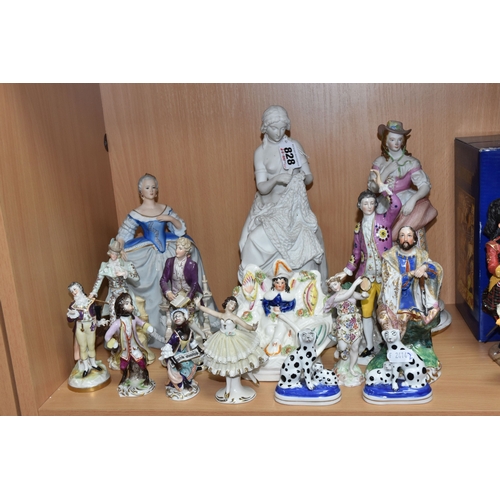 828 - A GROUP OF PORCELAIN FIGURES, to include an unmarked Parian figure of a woman weaving a fishing net ... 