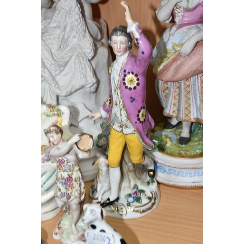 828 - A GROUP OF PORCELAIN FIGURES, to include an unmarked Parian figure of a woman weaving a fishing net ... 