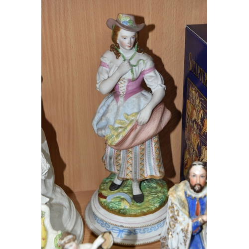 828 - A GROUP OF PORCELAIN FIGURES, to include an unmarked Parian figure of a woman weaving a fishing net ... 