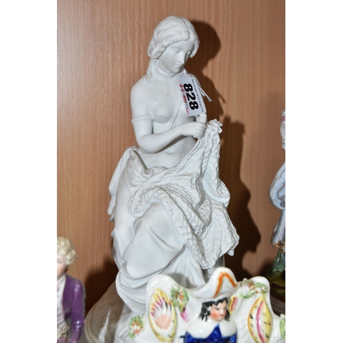 828 - A GROUP OF PORCELAIN FIGURES, to include an unmarked Parian figure of a woman weaving a fishing net ... 