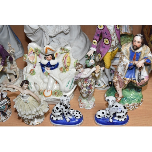 828 - A GROUP OF PORCELAIN FIGURES, to include an unmarked Parian figure of a woman weaving a fishing net ... 