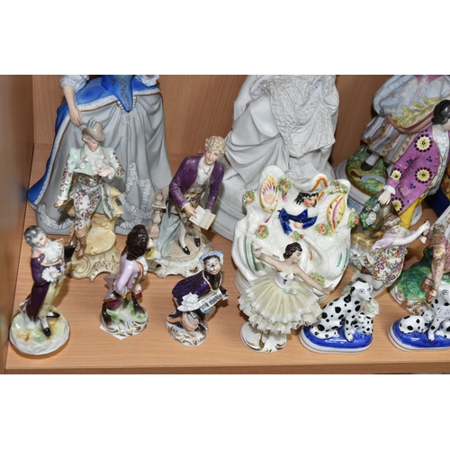 828 - A GROUP OF PORCELAIN FIGURES, to include an unmarked Parian figure of a woman weaving a fishing net ... 