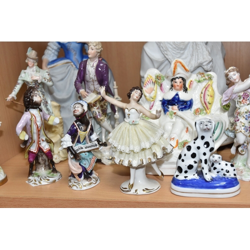 828 - A GROUP OF PORCELAIN FIGURES, to include an unmarked Parian figure of a woman weaving a fishing net ... 