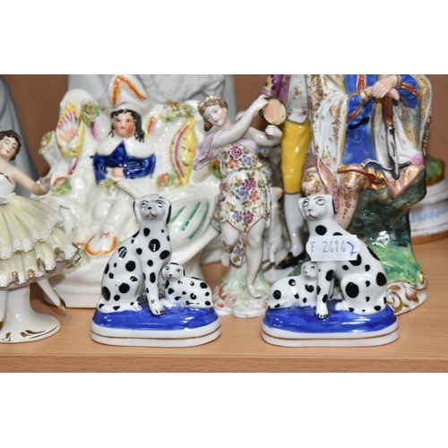 828 - A GROUP OF PORCELAIN FIGURES, to include an unmarked Parian figure of a woman weaving a fishing net ... 