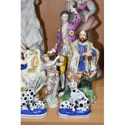 828 - A GROUP OF PORCELAIN FIGURES, to include an unmarked Parian figure of a woman weaving a fishing net ... 