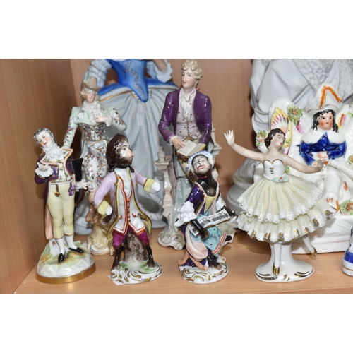 828 - A GROUP OF PORCELAIN FIGURES, to include an unmarked Parian figure of a woman weaving a fishing net ... 