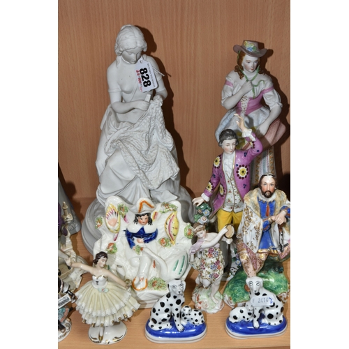 828 - A GROUP OF PORCELAIN FIGURES, to include an unmarked Parian figure of a woman weaving a fishing net ... 