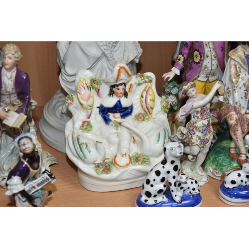 828 - A GROUP OF PORCELAIN FIGURES, to include an unmarked Parian figure of a woman weaving a fishing net ... 
