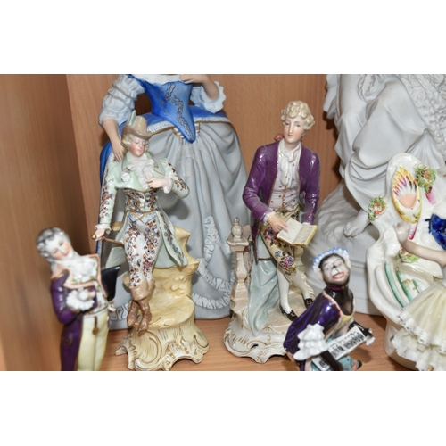 828 - A GROUP OF PORCELAIN FIGURES, to include an unmarked Parian figure of a woman weaving a fishing net ... 