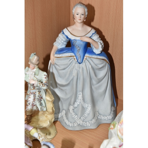 828 - A GROUP OF PORCELAIN FIGURES, to include an unmarked Parian figure of a woman weaving a fishing net ... 