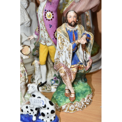828 - A GROUP OF PORCELAIN FIGURES, to include an unmarked Parian figure of a woman weaving a fishing net ... 
