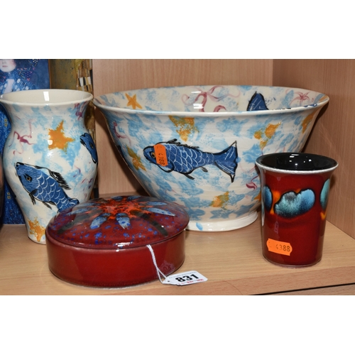 831 - A GROUP OF CERAMICS, comprising three pieces of Poole Pottery: a Galaxy pattern purse vase, height 1... 