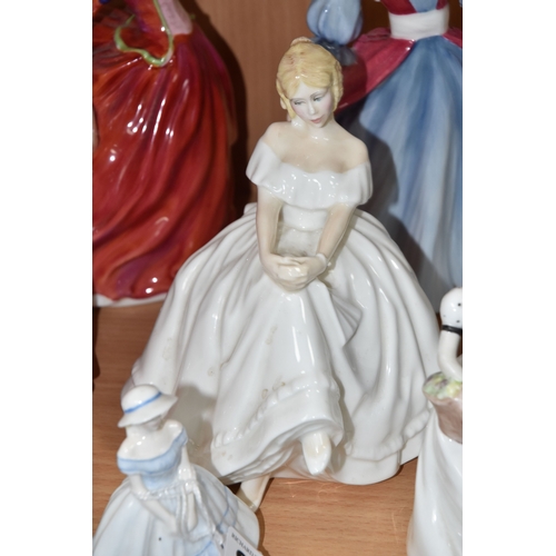 841 - ELEVEN ROYAL DOULTON AND COALPORT FIGURINES, comprising Royal Doulton Heather HN2956, Amy HN3316 Fig... 