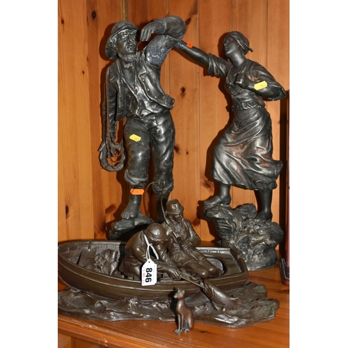846 - A SMALL GROUP OF DECORATIVE BRONZE EFFECT FIGURINES to include an impressive spelter figural pair of... 