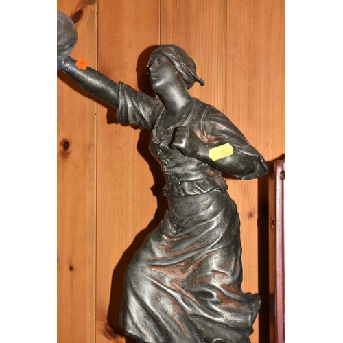 846 - A SMALL GROUP OF DECORATIVE BRONZE EFFECT FIGURINES to include an impressive spelter figural pair of... 