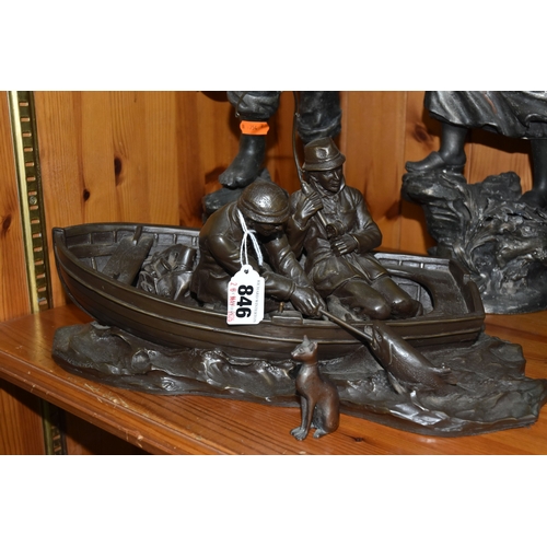 846 - A SMALL GROUP OF DECORATIVE BRONZE EFFECT FIGURINES to include an impressive spelter figural pair of... 