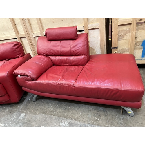 17 - A RED LEATHER THREE SEATER SETTEE, length 245cm x depth 109cm x height 87cm, along with a similar ch... 
