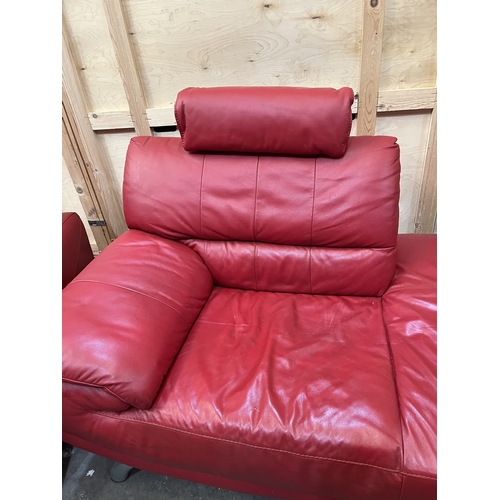 17 - A RED LEATHER THREE SEATER SETTEE, length 245cm x depth 109cm x height 87cm, along with a similar ch... 