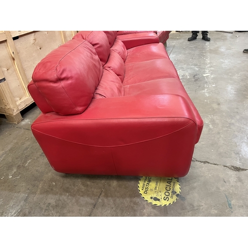 17 - A RED LEATHER THREE SEATER SETTEE, length 245cm x depth 109cm x height 87cm, along with a similar ch... 