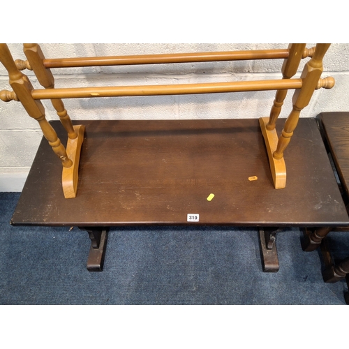 310 - A SELECTION OF OCCASIONAL FURNITURE, to include an oak coffee table, a nest of three tables, a towel... 