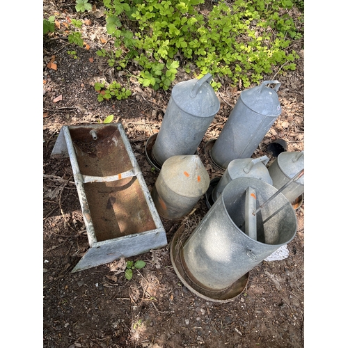 6 - A COLLECTION OF GALVANISED FEED HOPPERS AND A TROUGH, including Eltex hoppers, the tallest height 56... 